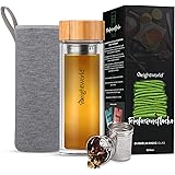 Teflaska med Sil Att Ta med - 500 ml Termoflaska av Borosilikatglas Med Dubbla Väggar - Tebryggare med Skruvkork Av Bambu Och