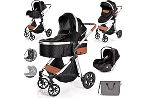 BONEELOOK Baby Buggy Pram Pushchair Stroller 3 in 1 Child Lightweight Folding Stroller 3 in 1 Travel System Pram for Newborns & Toddlers 0-36 Months from Birth Aluminum (Black - Silver Frame)