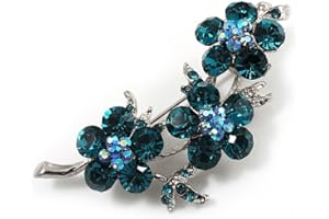 Avalaya Diamante Floral Brooch (Silver&Teal Green)