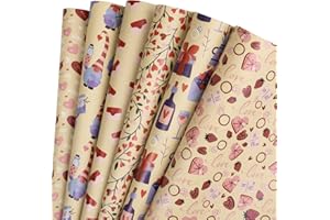 RUSPEPA Foglio Di Carta Da Regalo Kraft - Rosso, Rosa Con Cuore E Fiori Stampati, Ottimo Per San Valentino, Anniversario - 6 Fogli Confezionati Come 1 Rotolo - 44,5 X 76 cm Per Foglio