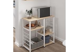 SogesPower Estantería de repostería, microondas, Estantería de 3 Niveles, con Ganchos en Forma de S, Estante para Utensilios de Cocina y Especias, 90 x 40 x 83 cm, Arce