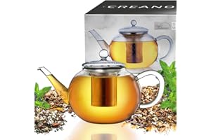 Creano Théière en Verre 1,6l avec Filtre en Acier Inoxydable Intégré et Couvercle en Verre, Anti-Goutte, 1600ml