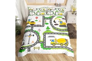 MANFEI BAU Fahrzeuge Kinder Bettbezug Set S Größe,Niedlicher Bagger Traktor Kleinkind Bettwäsche Set,Mädchen Erwachsene,Cartoon Kran Urban Road Tröster Abdeckung,Chic Quilt Cover,1 Kissenbezug