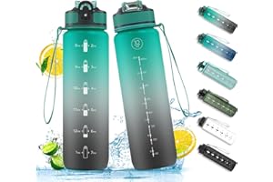 NAVTUE 1L Water Bottle with Straw, Sports Drinks Bottle with Time Markings, Leak Proof, Tritan BPA free for School/Cycling/Running (Black Green)