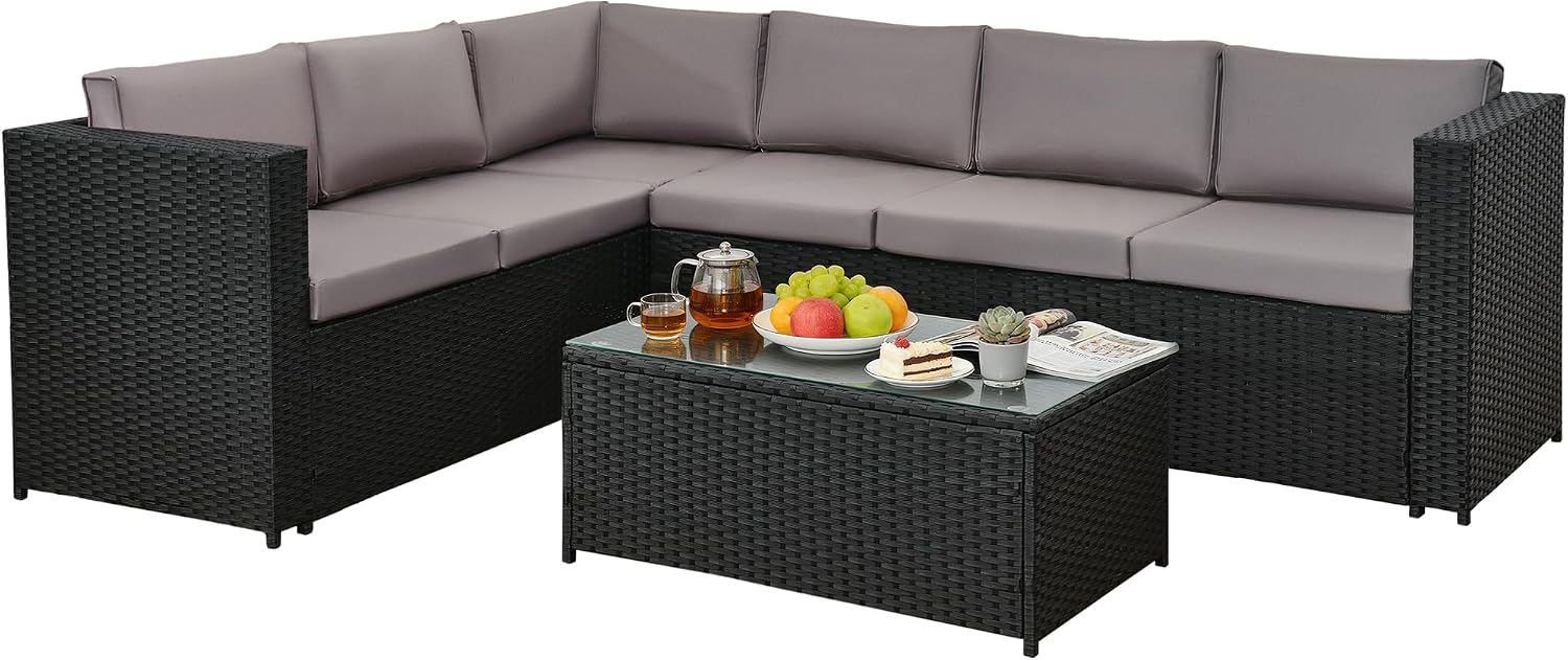 3 Pcs Aluminium Frame Rattan Garden Furniture Set, 6 Seater Corner Garden Sofa with Cushions and Glass Coffee Table, Outdoor Patio Furniture Set for Balcony, Conservatory, Terrace