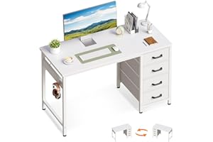 ODK Piccola Scrivania con 4 Cassetti, 100x48cm Tavolo per Computer con Gancio per Cuffie, Scrivania Ufficio Reversibile per Piccolo Ufficio in Casa, Bianco
