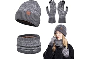 Falafoty Winter Hat Scarf and Gloves Set for Women Men,3 in 1 Winter Thermal Hat Gloves Neck Warm Set Thick Fleece Touchscreen Glove Knitted Cap Cold Weather Accessories for Daily Ski Outdoor