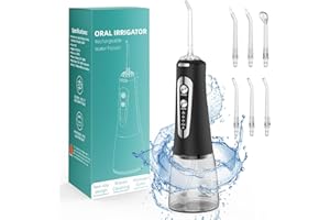 BILITASE Jet Dentaire Hydropulseur Portable, Jet Dentaire Sans Fil Rechargeable avec 5 Mode set 6 Buses Capacité de 300 ML IPX7 Étanche Pour La Maison et Les Voyages (Noir)