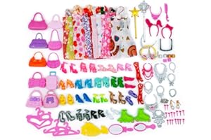 WITGIFT 70 Stück Kleidung Accessories für Barbie Puppen, 10 Set Kleid Dress, 30 Stück Schmuckzubehör erhalten Halskette Spiegel Kleiderbügel, 20 Paar Schuhe und 10Pcs Handtasche für 11,5 Zoll Mädchen Puppen