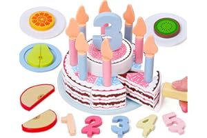 Atoylink Gâteau d'anniversaire de Coupe en Bois, Accessoires de Cuisine en Bois avec Nombres Bougies Fruits en bois, Gâteau D'anniversaire Jouet Dinette Jouet en Bois Cadeau pour Enfants 1 2 3 4 5 Ans