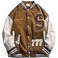 WYLZZZNB09 Baseball Jacket Men PU Leather Varsity Jackets Vintage Loose Causal Coat Couple Green Jacket - XL - Khaki