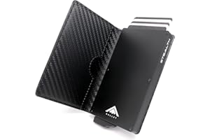 Stealth Wallet Porte Carte Bancaire RFID pour Homme - Porte-Cartes De Crédit avec Mécanisme Pop Up et Boîte Cadeau - Portefeuilles de Crédit Aluminium Minces (Aluminium Noir, Cuir de Carbone Noir)