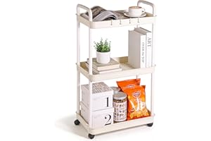 CERULETREE 3-Tier Storage Trolley on Wheels, Slim Rolling Utility Cart with Handle and Hooks, Space-Saving Mobile Shelving Organizer for Kitchen, Bathroom, Laundry Room, Bedroom & Narrow Places, Plastic(White)
