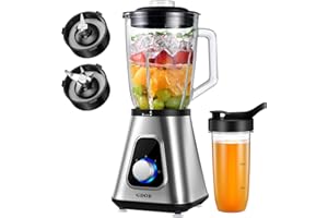 GDOR 1200 W Stand Mixer 2-1 Smoothie Maker with 1.5 L Glass Jug and 650 ml Travel Mug 3 Speeds Mixer High Performance Mixer Professional Stand Mixer Glass for Smoothies Shakes Frozen Drinks Sauces