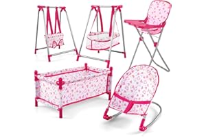 deAO Giocattolo Multifunzionale 5 in 1 per Bambini 1-3 Anni - Letto, Seggiolone, Altalena, Sedia a Dondolo in Plastica con Bambola - Gioco di Imitazione e Ruolo per Prime Attività