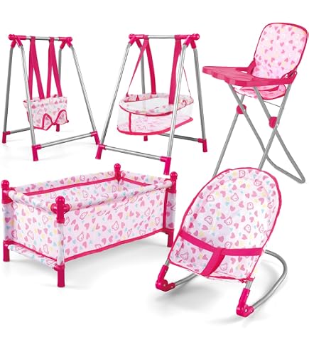 Bayer Design Letto Multiplo Per Bambole - Con Seggiolone, Giostrina, Armadio E Area Cambio, Colore Jeans-Grigio/Rosa