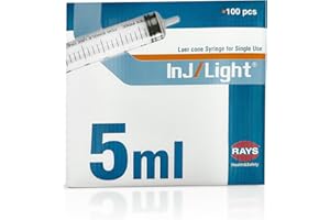 BEHLER INSTRUMENTS Rays - Siringhe Monouso da 5ml, Tre Corpi, Cono Luer Centrale, Senza Ago, Sterilizzate con Ossido di Etilene - Confezione da 100 Unità, Ideali per Uso Medico e Ospedaliero