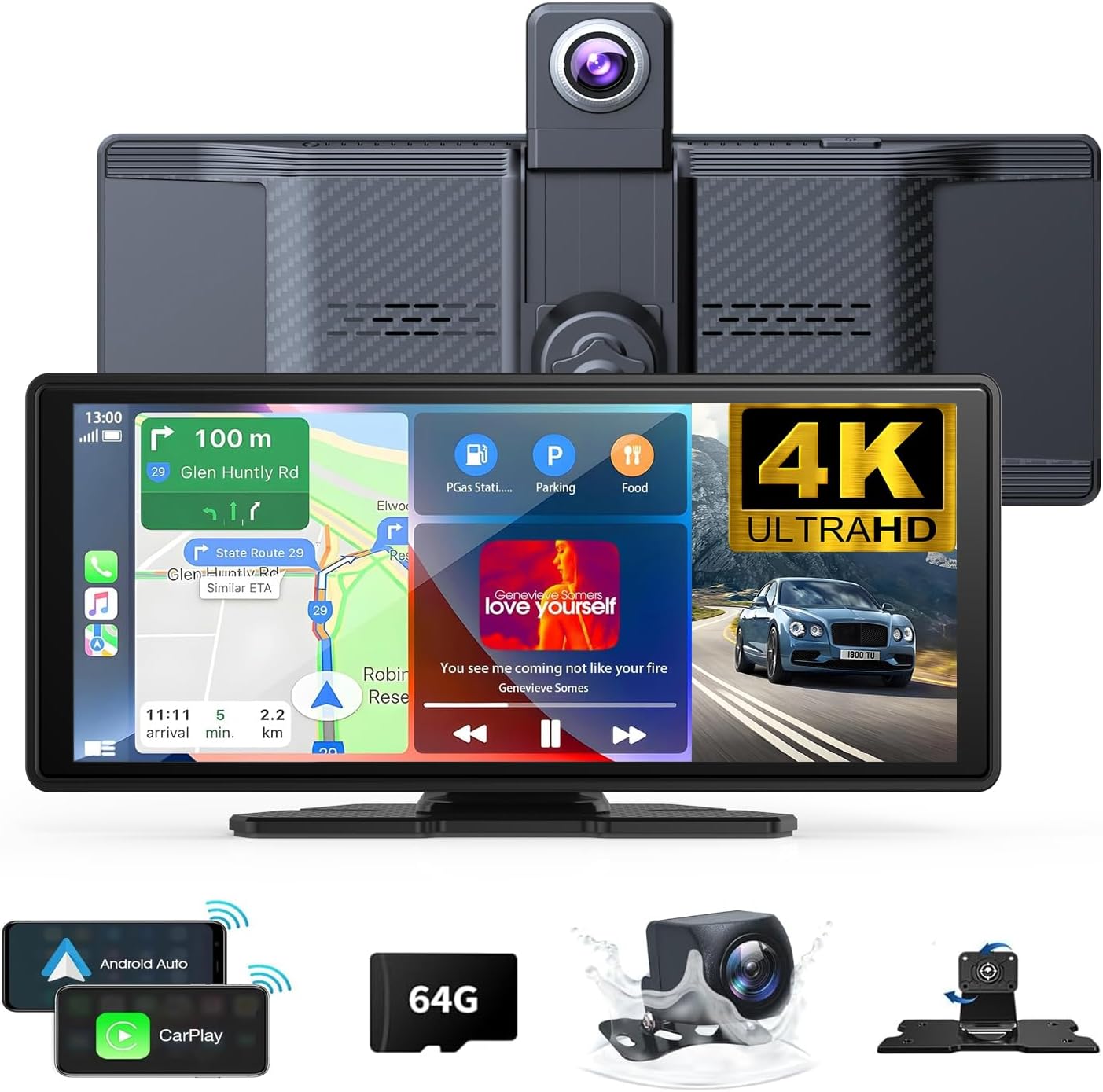 10.26" Wireless Carplay Screen 360 Rotation 4K Dash Cam Carplay & Android Auto Car Stereo Car Audio Receivers with 1080p Backup Camera GPS Navigation/Mirror Link/Voice Control/Siri