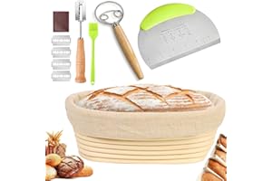 RUIAQER Set de paniers de fermentation ovale,(ø25cm),9 PCS Banneton Proof Basket Set,en paniers à pain au levain de style français,100% rotin naturel,avec racloir à pâte,linge en lin& couteau de boulanger,Idé