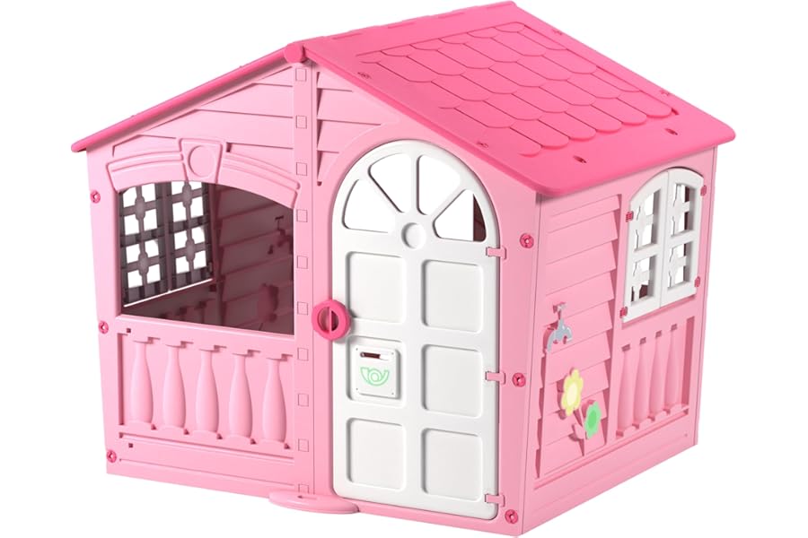 Palplay Plastic Playhouse, House of Fun, Indoor and Outdoor Playhouse, UV Resistant, Playhouse for Girls and Boys, Imagative Fun, Suitable for Ages 2+, Pink and White, 130 x 111 x 115cm