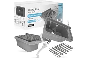 INSTALGURU Lavabo de Cámara | Fregadero Industrial 50 x 34 x 21 cm Gris con Estante y Parrilla 36 x 30 cm Profunda Lavadero Exterior Comercial Lavamanos Jardín Garaje Lavandería Baños Fábrica