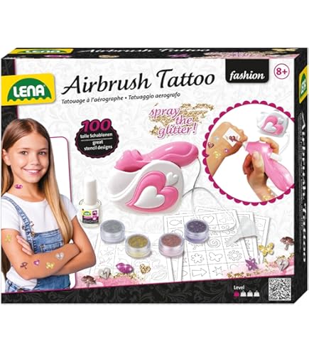 Lena 42442 Knutselstyling met mini-kralen in 10 kleuren voor 150 tatoeages, 200 sjablonen, modeset, magische parels, wasbare lichaamssieraden voor kinderen vanaf 6 jaar, meerkleurig, Mittel