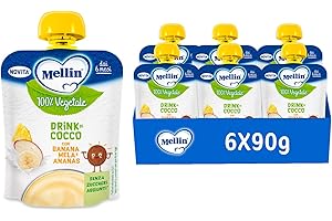DANONE MELLIN Merenda 100% Vegetale,Pouch Cocco, gusto Mela Banana e Ananas 90g, Senza Zuccheri Aggiunti - 6 Confezioni da 90g