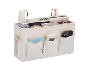 IGNPION Canvas Bedside Hanging Storage Pockets with Metal Hook Adjustable Tape Dormitory Bed Organiser Caddy Mulit-purpose Bag for Home Office School Hospital,White (IGPUK0582)