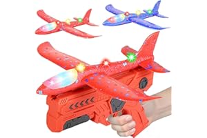 HATFRYF Airplane Launcher Toys, 2 Pack LED Throwing Glider Plane, Catapult Aeroplane Toy with Gun, 2 Flight Modes Outdoor Sport Flying Toys for Kids Age 3 4 5 6 7 8 9 Year Old Birthday Gifts - Red