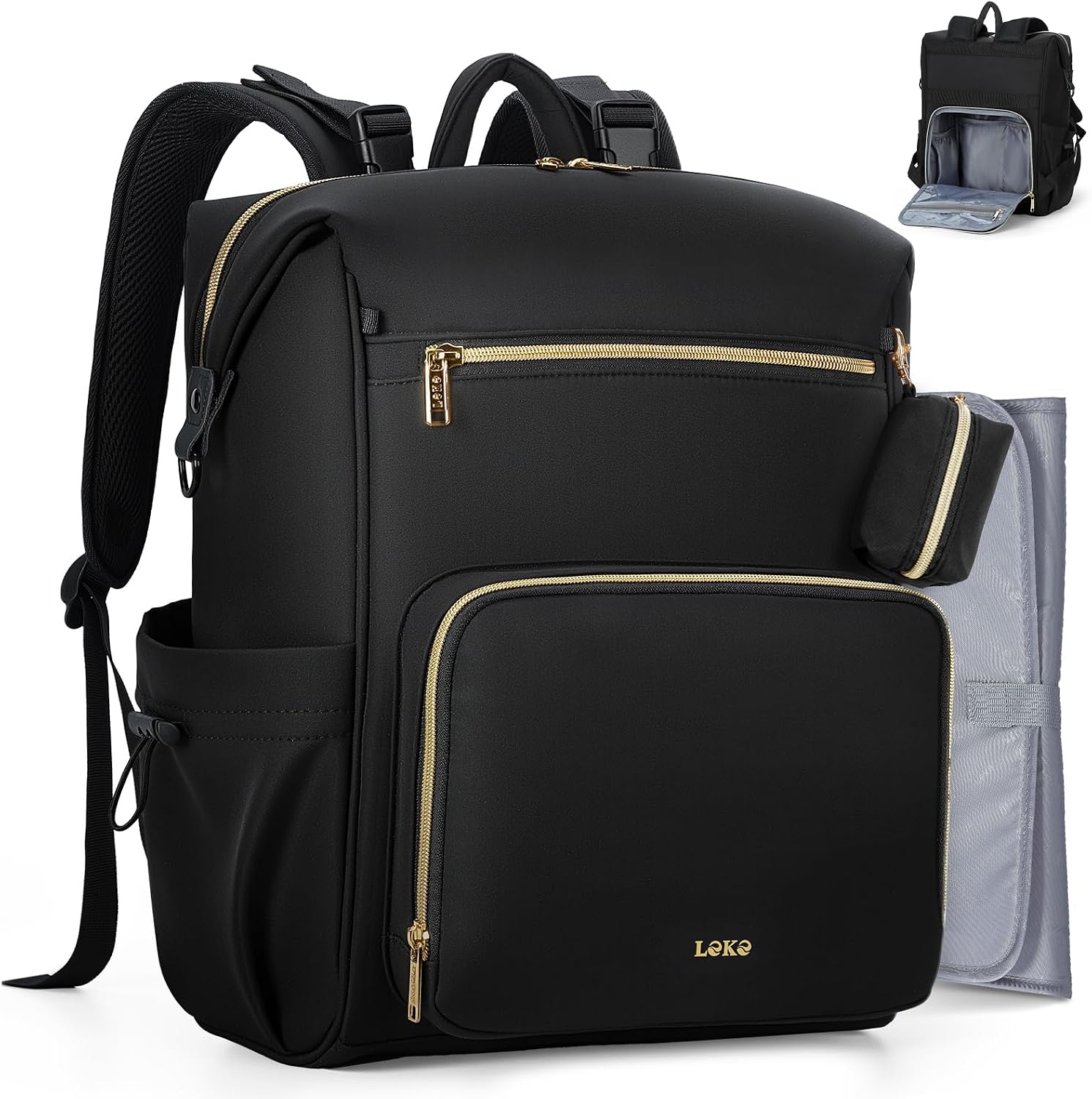Lekesky Mochila Carro Bebe, Mochila Cambiador Bebe con Cambiador y Correas para Cochecito, Bolsa para Pañales Multifuncional con Soporte para Chupetes y Compartimento Antirrobo para Mamá y Papá,Negro