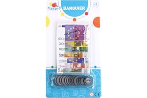 FLYPOP'S - Gra fałszywych banknotów i monet euro - Gra imitacyjna - 030202LIN - Wielokolorowa - Plastik i papier - Sklepikarz - Zabawka dla dzieci - 29 cm x 16 cm - Od 3 lat