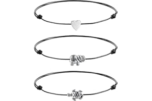 Milacolato 3 pièces Bracelets de Cheville pour Femme Coeur éléphant Tortues Chaînes Plage Réglable Noir Bracelets de Cheville Pied Ensembles de Bijoux pour Femme
