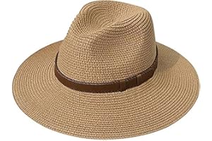 DRESHOW Donna Cappello Panama Cappello da Spiaggia in Paglia Fedora Cappello Arrotolato in Paglia a Tesa Larga Cappelli Panama UPF 50+