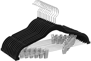 ‎SONGMICS SONGMICS Wieszaki do spodni, zestaw 12 wieszaków welurowych 42,5 cm z regulowanymi klipsami, dobra nośność, antypoślizgowe i zajmują mało miejsca, na spodnie, spódnice, kurtki, sukienki, czarny CRF12B