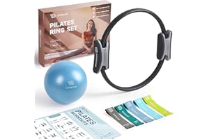 LIONSCOOL Pilates Ring Set - Premium14”Magic Circle with Dual Padded Handles - Includes Pilates Mini Ball & Highly Elastic Resistance Bands & Workout Guide & Bag