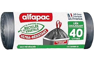 Alfapac- 10 bolsas de basura de 40 L con enlace deslizante ultrarresistente, apertura ancha, fabricada en Francia, bi-material reciclado y vegetal