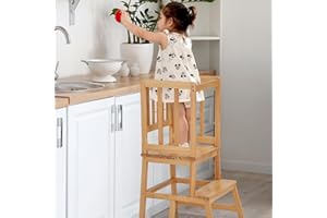 COSYLAND Tour d Observation Montessori en Bois pour Enfants 1-3 Ans, Chaise Apprentissage Sécurisée et Stable, Tabouret Évolutif Enfant Cuisine et Salle de Bain, Learning Tower - Wood Color