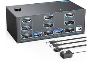 DXCHIP 8K KVM Switch 3 Monitore 2 PC drei Monitore 2 Displayport 1.4 und HDMI 2.1 USB 3.0 KVM Switches DP 1.4 unterstützt 8K@30Hz/4K@144Hz, HDMI unterstützt 8K@60Hz /4K@120Hz mit kabelgebundener