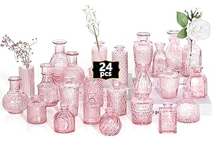 Sawoake Lot de Petits vases en Verre Transparent avec couvercles pour décoration de Table, Mariage, réception, Maison, Bouteilles Vintage (Rose-Orange, 24)