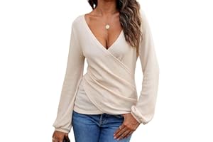 EMOTTOS Camisetas sexys Mujer con Escote en V- Tops Ajustados gofre con Envoltura Cruzada, Crop Top Escote en V Profundo y Mangas largas, Blusas de túnica con Dobladillo Fruncido Irregular