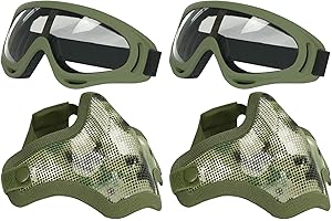 AOUTACC Maschere e occhiali da sole Airsoft, Mezza Faccia Maschera in maglia piena di acciaio e occhiali per CS/Caccia/Paintball/Tiro