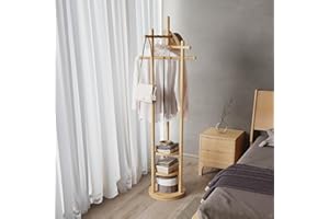 AQIMUELE Coat Stand, Woodem Coat Rack Stand with 3 Storage Shelves, Freestanding - Rotatable Coat Hanger Stand, Sturdy and Easy Assembly for Hallway, Bedroom (Wood Color)