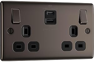 BRITISH GENERAL BG Electrical 45W Double Switched Power Wall Plug Socket with Super Fast Charge USB A & USB C Charging Ports, Nexus Metal, Black Nickel, 13A, NBN22UAC45B
