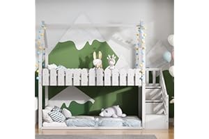 Moimhear Kinderbett 90x200cm, Hausbett mit 3 Treppe, Mit 2 Schubladen, Mit Zaun, Etagenbett (Weiß)
