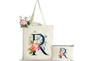 HAMATATA Personalizzata Iniziali Borsa Tela Donna, Borsa Shopper Donna con Borsa Cosmetica, Regali per Donna Amica Mamma, Sposa Damigella, Regalo di Compleanno, Anniversari, Nozze, Natale R