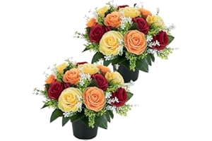 CECOMBINE 2 PCS Artificial Flowers for Graves, Red Yellow Orange Roses Memorial Arrangement, 25cm Silk Memorial Grave Flowers with Pots, Weatherproof Funeral Arrangements for Outdoor Graveside
