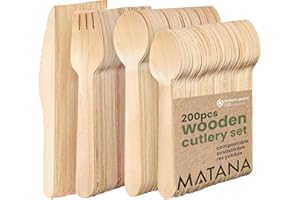 MATANA 200 Couverts en Bois Jetables - 50 Couteaux, 50 Fourchettes, 50 Cuillères, 50 Cuillères à Café - Sans Plastique, Biodégradables & Écologiques - Fêtes, Pique-niques, BBQ, Traiteur