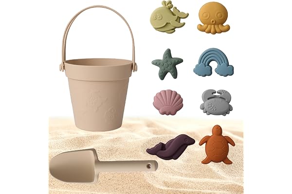 CHSEEO Jeux de Plage, Plage Bebe en Silicone, Jouet de Plage Enfant, 8 Pièces avec Seau Plage Pliant, Modèle Animal, pour Bac a Sable Intérieur Extérieur Jouets de Jardin
