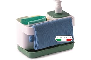 Snips Riordinello - Dispensador Jabón Baño y Cocina, Organizador Fregadero Cocina para Esponjas con Jabonera 400ml y Soporte Estropajo Fregadero, Paños y Esponja, 21x12x18, Made in Italy, Blanco Verde