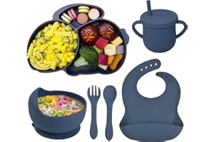 Baogaier Weaning Set for Babies, 6 in 1 Silicone Feeding Set with Suction Plate Bowl Cup Spoon Fork Bib for Baby Toddler, BPA Free Soft Wipe Clean Waterproof Rabbit Shape Tableware Sets for Boys, Blue